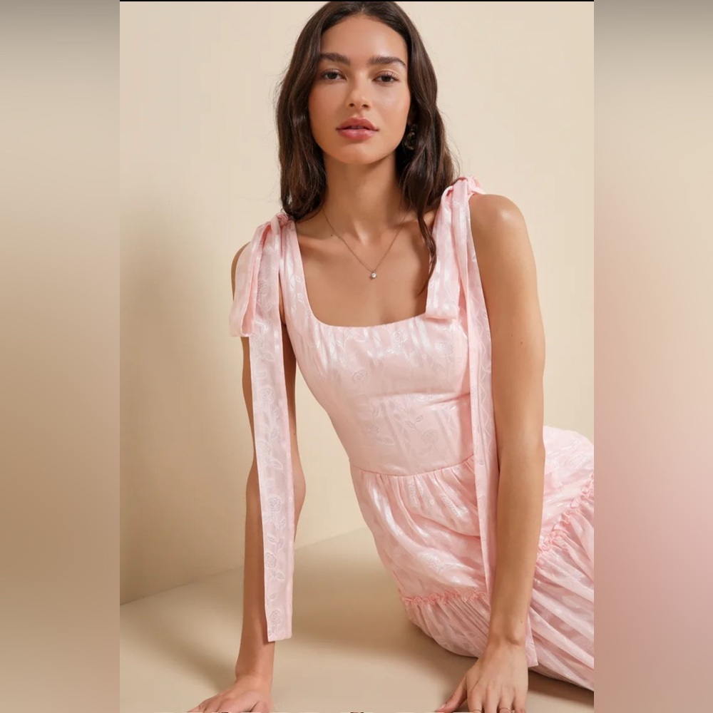 New Lulus Picturesque Allure Blush Pink Jacquard Tie-Strap Maxi Dress XL - Picture 4 of 4